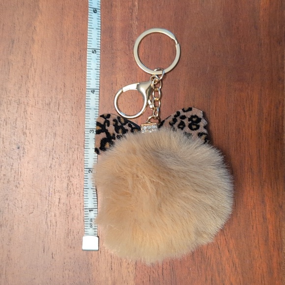Leopard Bow and Fluffy Pom Pom Keychain Bag Charm - Picture 3 of 4